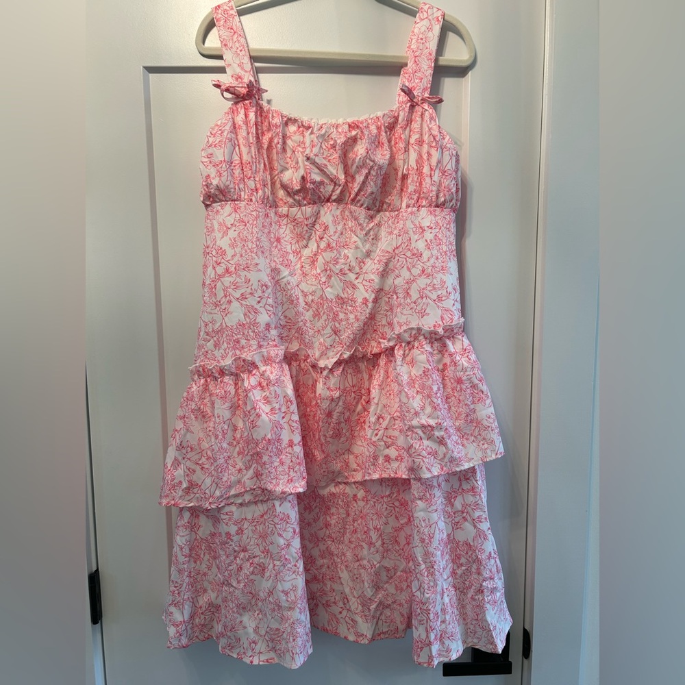 Floral Pink and White Tiered Midi Dress